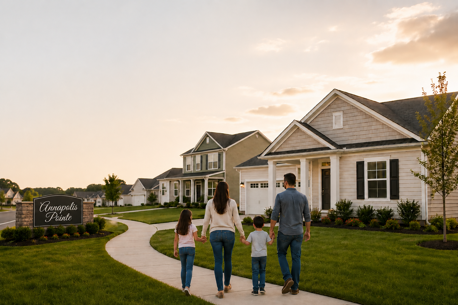 Family walking toward their new home at Annapolis Pointe at sunset